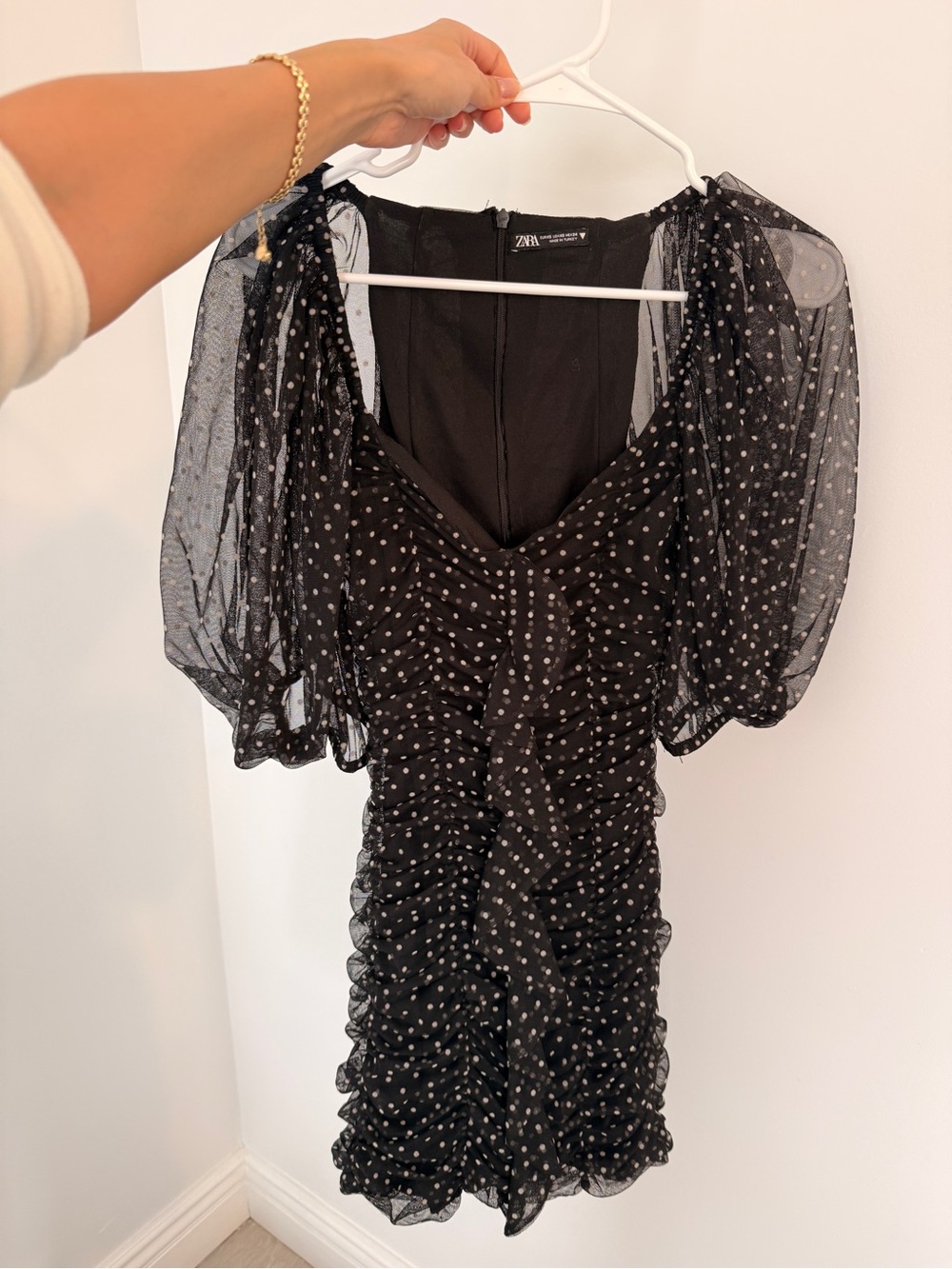 Zara Black Dress with White Polka Dots and Sheer Puff Sleeves